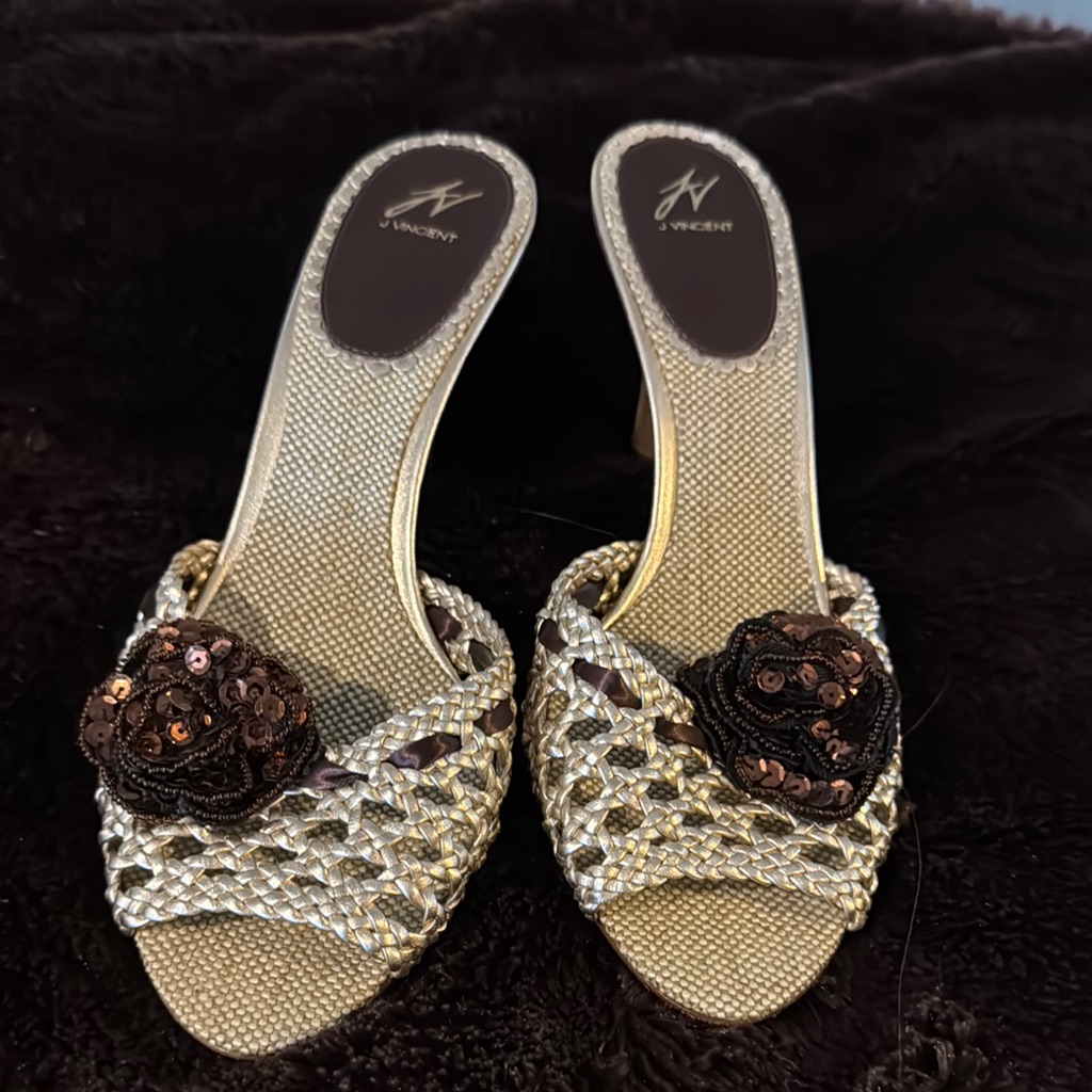 J Vincent Gold Leather Mules W/ Brown Sequin Flower, Wood Heels W/ Gold Strips